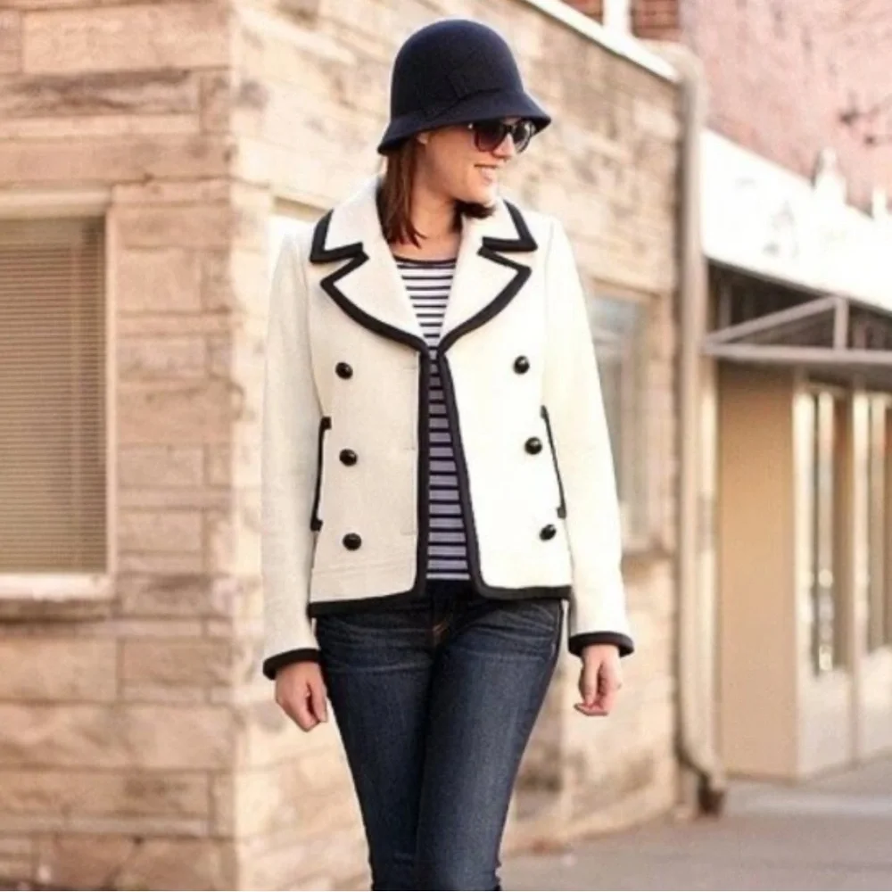 J. Crew Nello Gori Wool Peacoat 10 Double Breasted Off White Navy Blue / Black - Picture 4 of 11